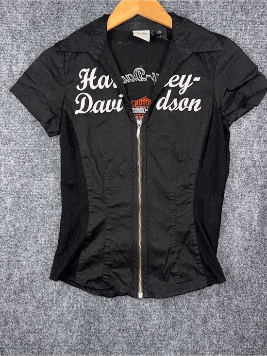 Harley-Davidson Tops - Harley-Davidson Blouse Womens XS Black Zip Front Short Sleeve Embroidered
